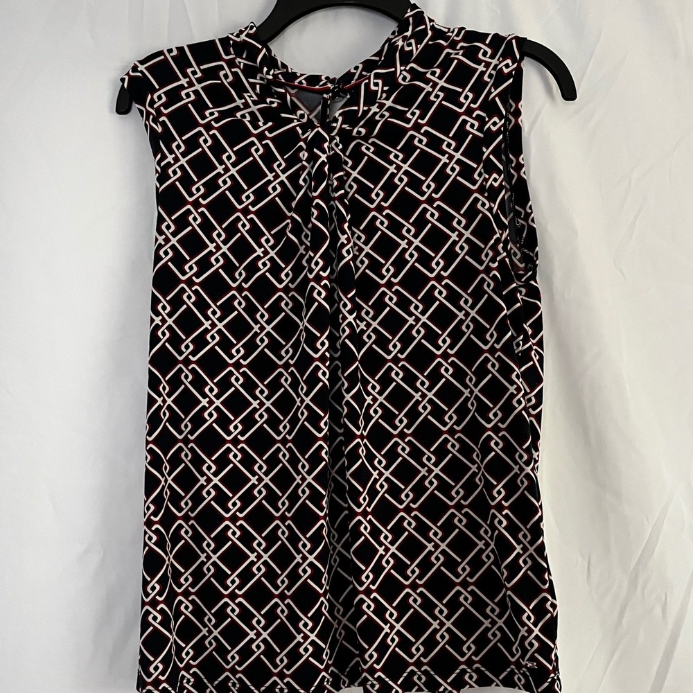 Tommy Hilfiger Women Geometric Print Sleeveless Mock Neck Keyhole Blouse M‎